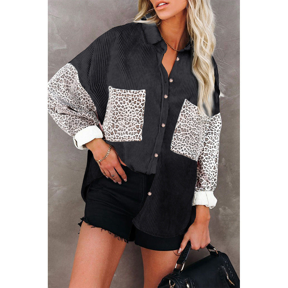 Ladies oversized shirt blouse with textured fabric and leopard print inserts Fashion Glam