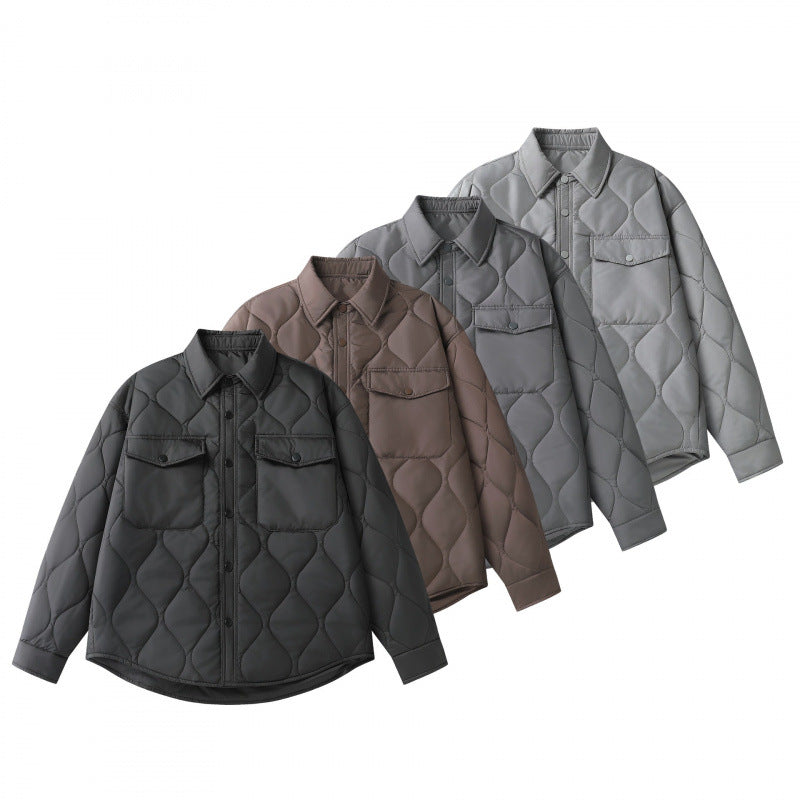 Unisex Padded Quilted Shirt Jacket with Flap Pockets and Curved Hem Fashion Glam