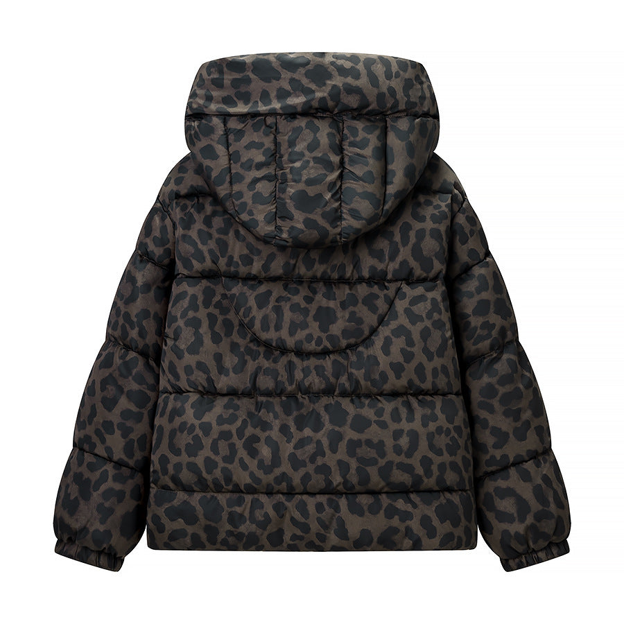 Women’s Oversize Puffer Jacket with Hood and Leopard Print Fashion Glam