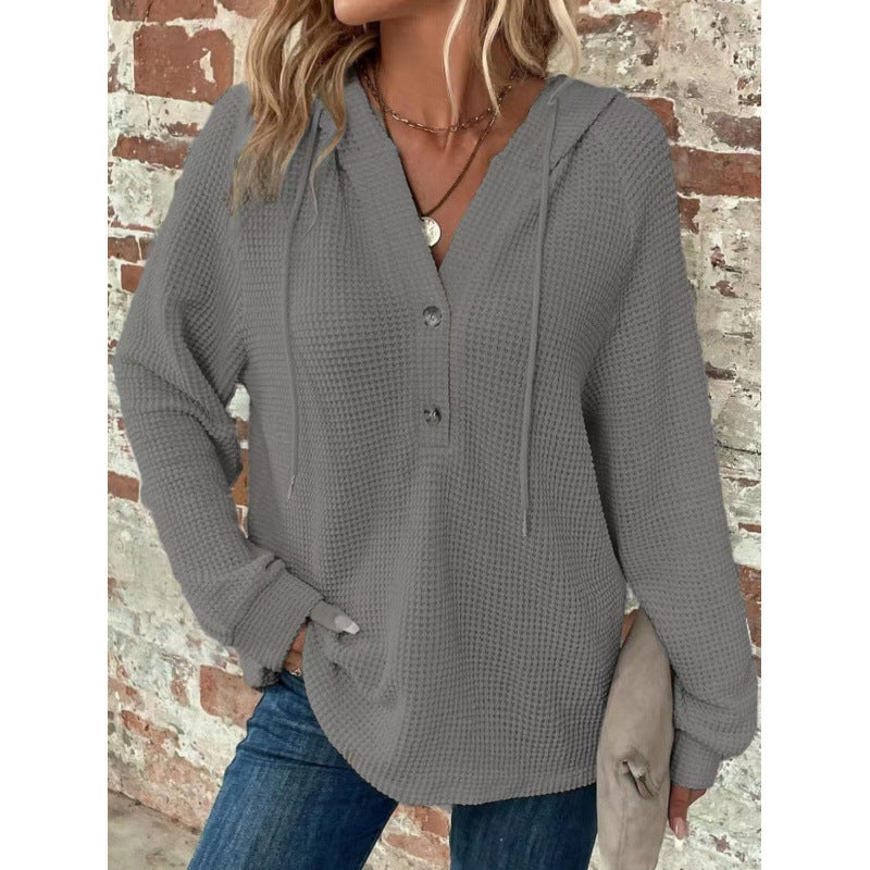 Women Waffle Knit Hoodie with Henley Button Placket and Oversized Cut Fashion Glam