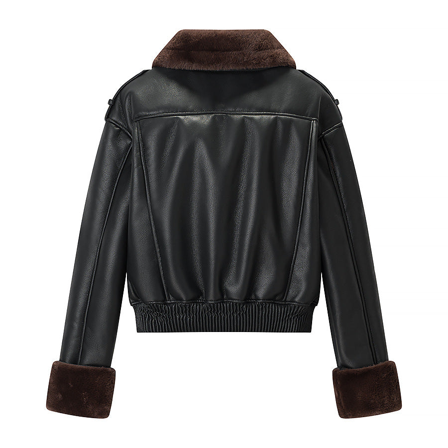 Women short-cut pilot jacket made of leather look with soft fur collar Fashion Glam