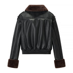 Women short-cut pilot jacket made of leather look with soft fur collar Fashion Glam