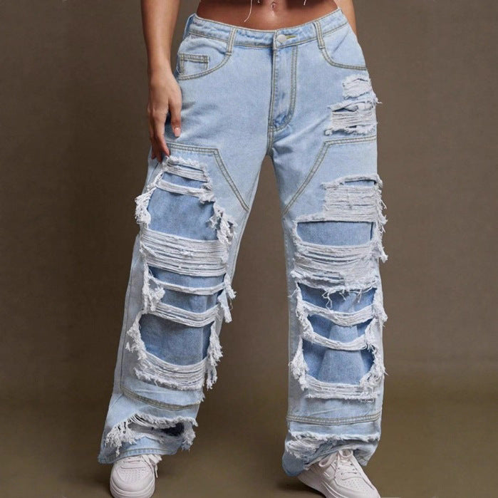 Women Baggy Denim Pants with Extra Large Destroyed Cutouts and Wide Leg Fashion Glam