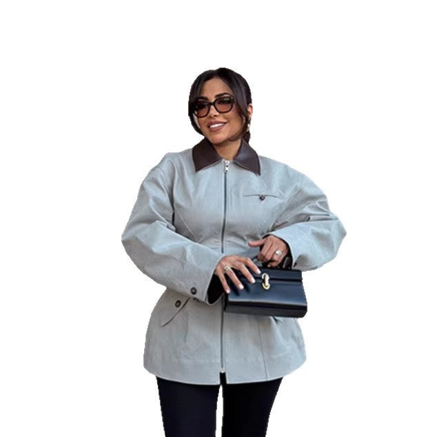 Ladies short jacket in oversized leather look with contrasting shirt collar Fashion Glam