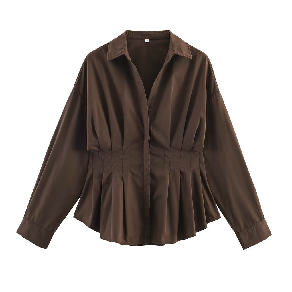 Women's tailored blouse shirt jacket with box pleats and concealed button placket Fashion Glam