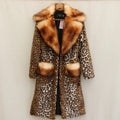 Women’s Longer Faux Fur Coat in Leopard Print with Large Fur Collar and Pocket Trim Fashion Glam
