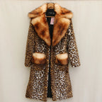 Women’s Longer Faux Fur Coat in Leopard Print with Large Fur Collar and Pocket Trim Fashion Glam