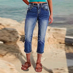 Women's cropped jeans with turn-up, mid-rise waist and used wash Fashion Glam