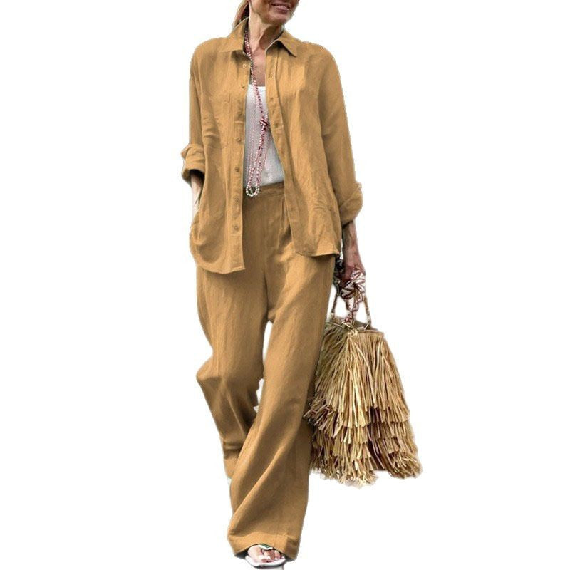 Women's Lightweight Linen Two-Piece Set with Loose Shirt Blouse and Wide High-Waist Pants Fashion Glam