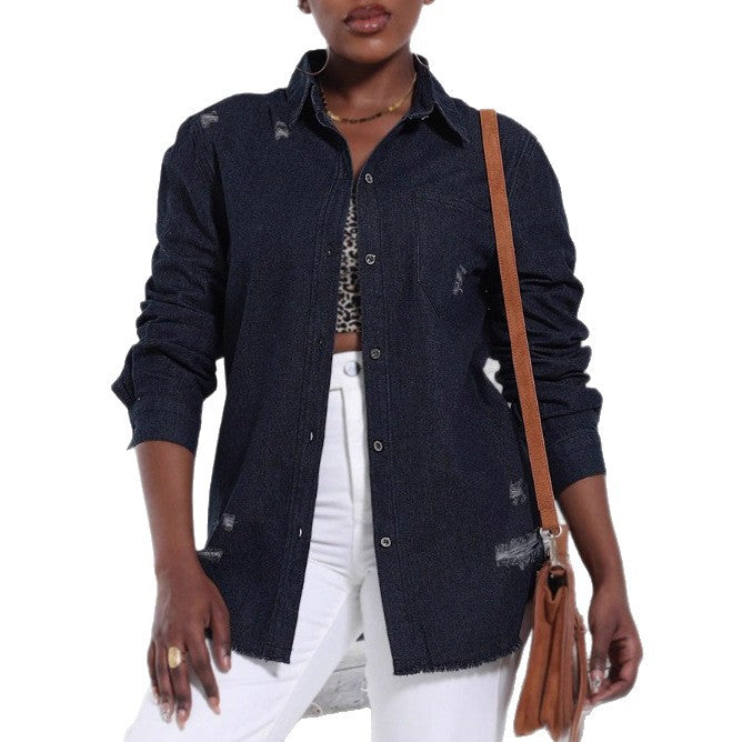 Women Oversize Denim Shirt Jacket with Used Effects and Raw Hem Fashion Glam