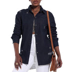 Women Oversize Denim Shirt Jacket with Used Effects and Raw Hem Fashion Glam