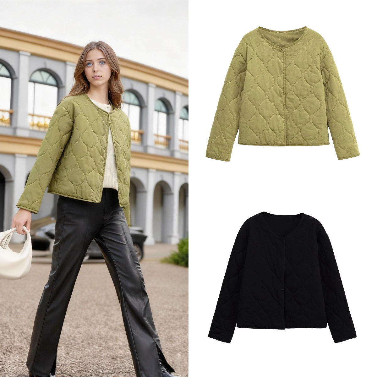 Ladies Quilted Short Jacket in Oversized Cut with Round Neck and Wave Stitching Fashion Glam
