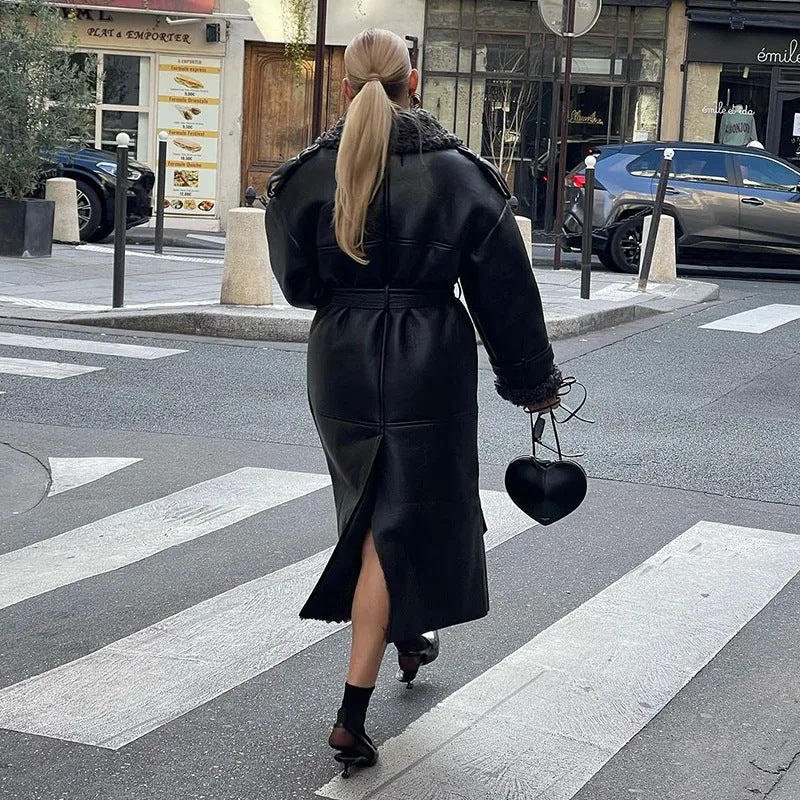 Women long oversized lambskin imitation coat with belt and shawl collar Fashion Glam
