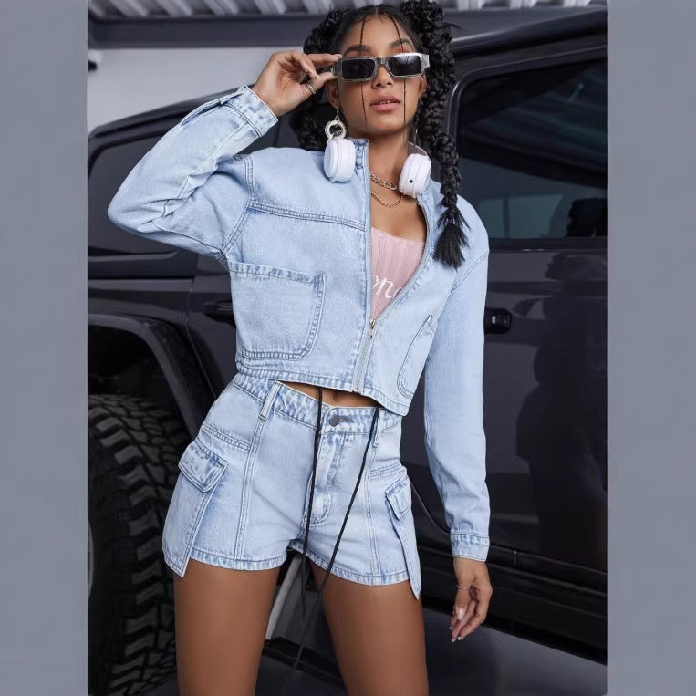Women's short denim set with cropped jacket and cargo shorts Fashion Glam