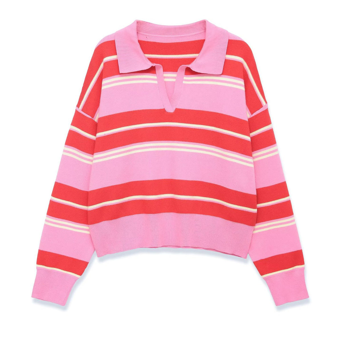 Women's Striped Polo Collar Sweater with Boxy Fit and V-Neck Fashion Glam