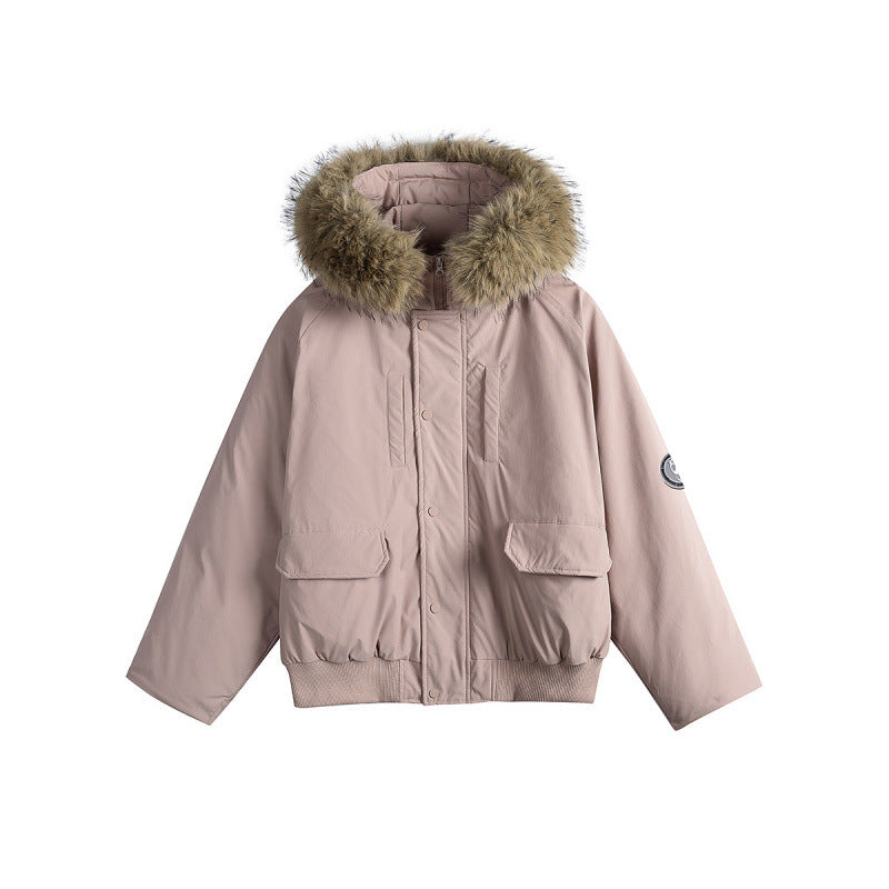Women's short bomber jacket with thermal padding, hood with removable faux fur and utility pockets Fashion Glam