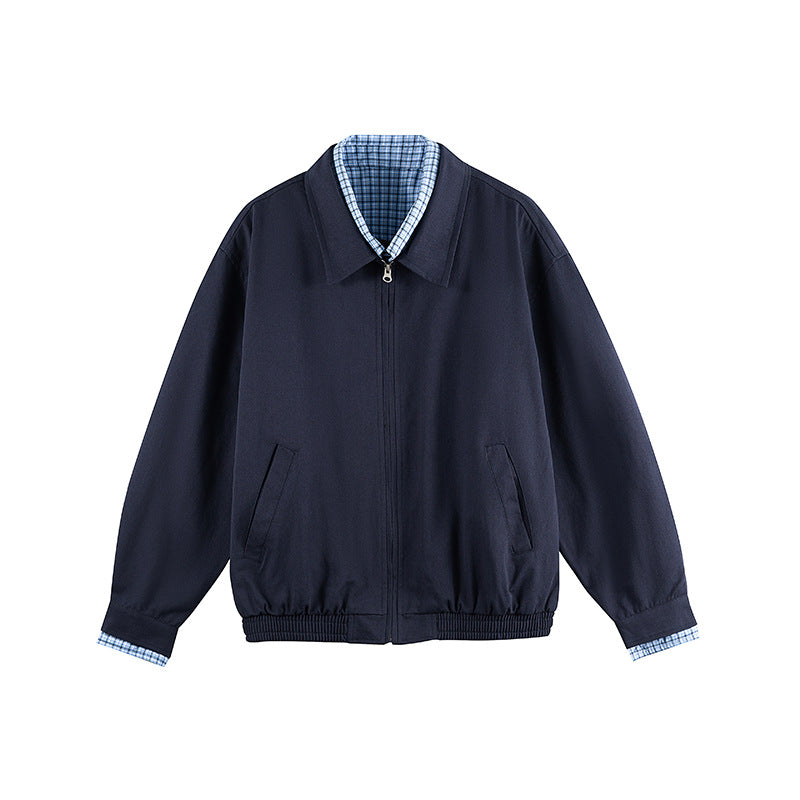 Men's Lightweight Bomber Jacket with Zipper, Checked Lined Collar and Elastic Hem Fashion Glam