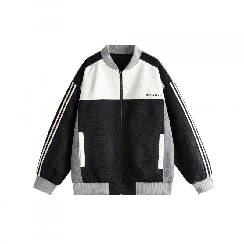 Unisex Short Cut Boxy Bomber Jacket in Sportline Style with Full Zip, Contrasting Stripe Sleeves and Ribbed Cuffs Fashion Glam