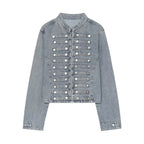 Ladies short cut denim jacket in military style with stand-up collar and decorative button rows Fashion Glam