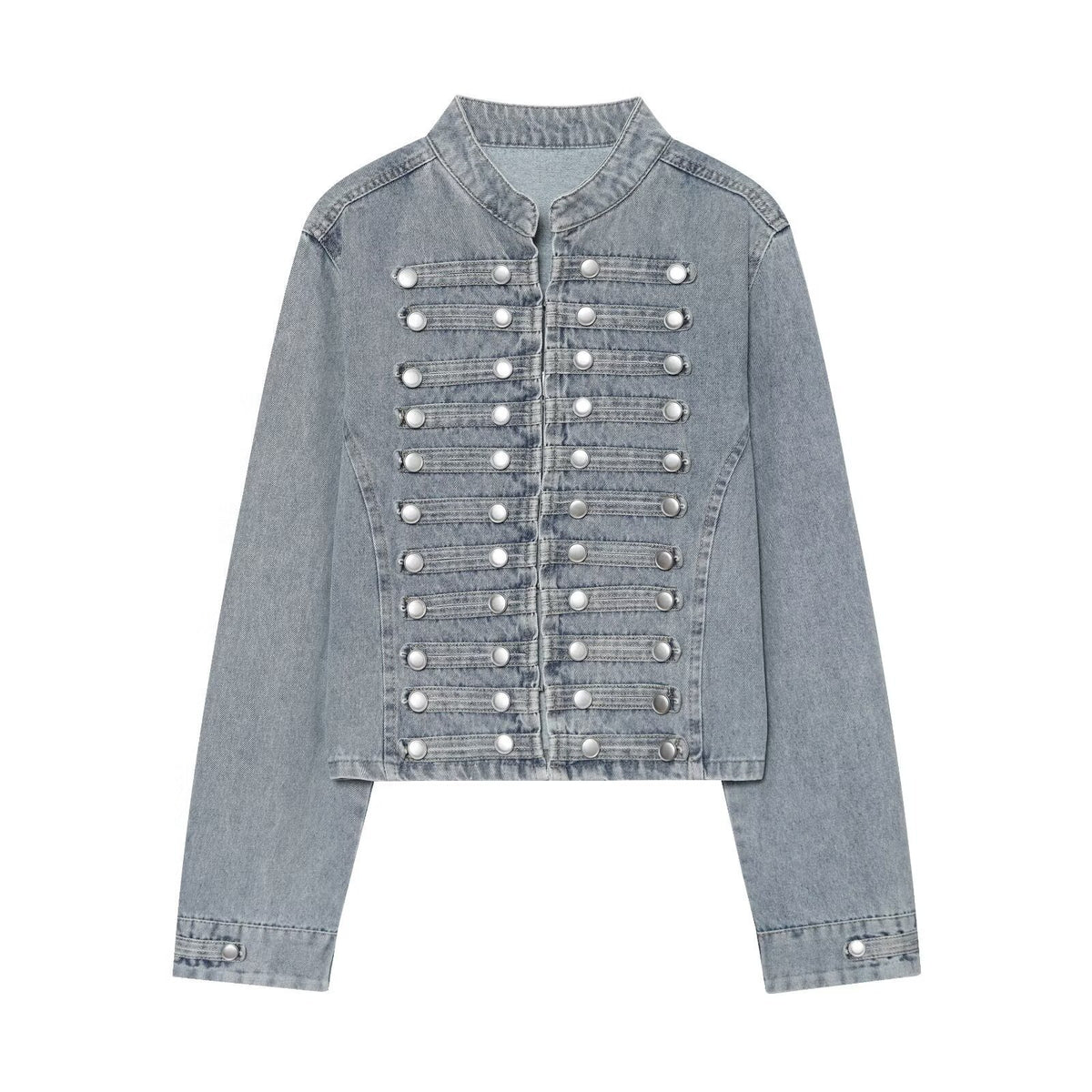Ladies short cut denim jacket in military style with stand-up collar and decorative button rows Fashion Glam