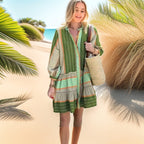 Ladies Printed Midi-Length Coat Dress with Ruffle Collar and Tiered Skirt Fashion Glam