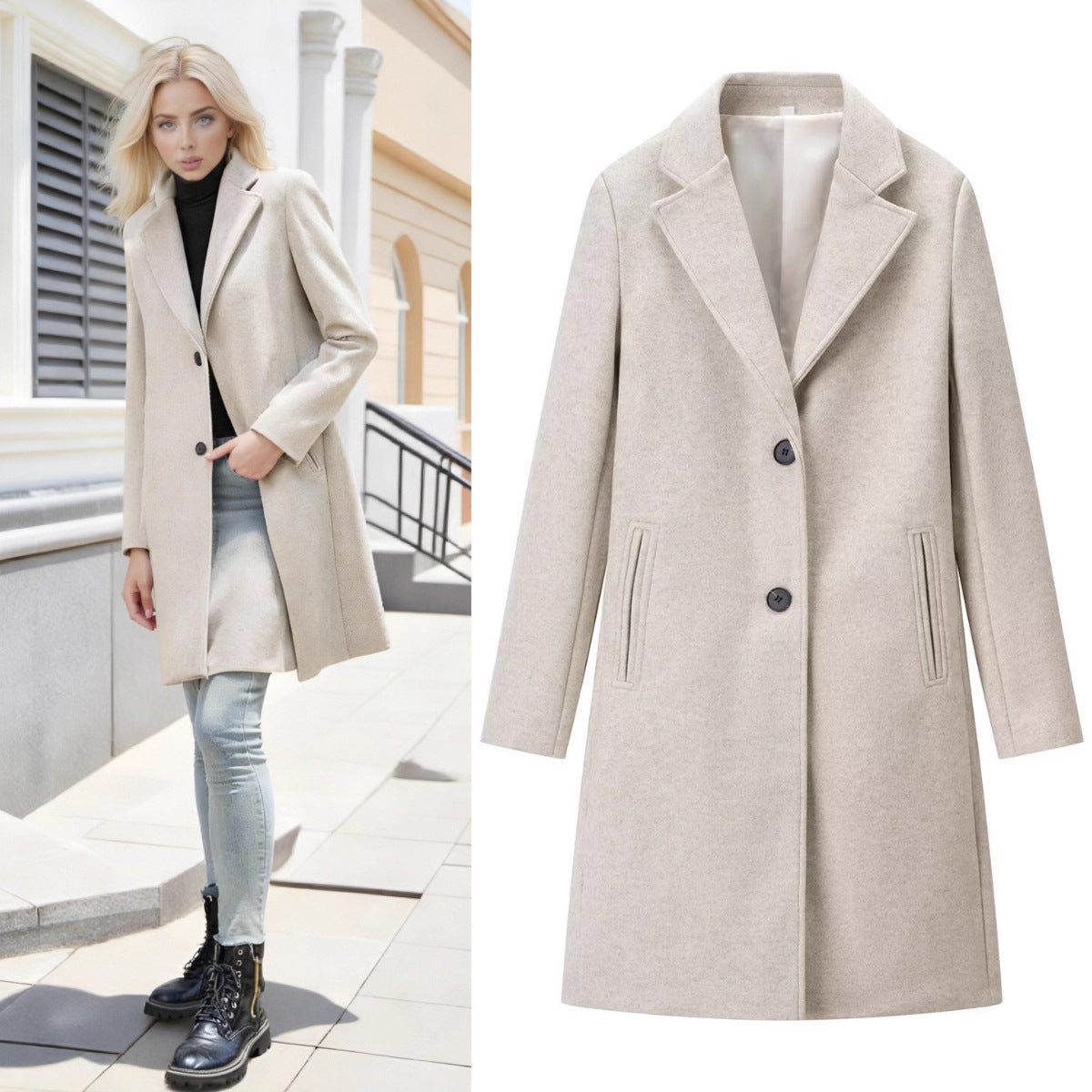 Women's Longline Single-Breasted Wool Blend Coat with Notched Collar and Welt Pockets Fashion Glam