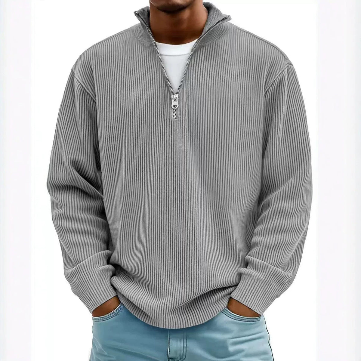 Men's ribbed knit pullover with half-zip and stand-up collar Fashion Glam