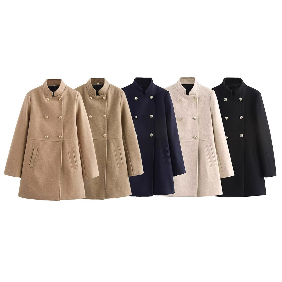 Women's Double-Breasted Wool Blend Coat with Stand Collar and Decorative Buttons Fashion Glam
