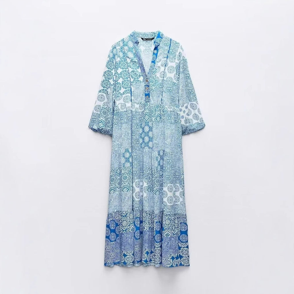 Women's maxi dress in patchwork print with V-neck, tiered skirt, and 3/4 sleeves Fashion Glam