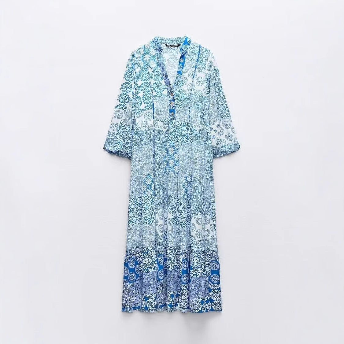 Women's maxi dress in patchwork print with V-neck, tiered skirt, and 3/4 sleeves Fashion Glam