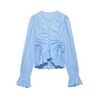 Women Ruffled Blouse with Drawstring, Balloon Sleeves and Ruffle Hem Fashion Glam