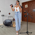 Women’s jeans with pearl appliqué, high waist and straight leg Fashion Glam