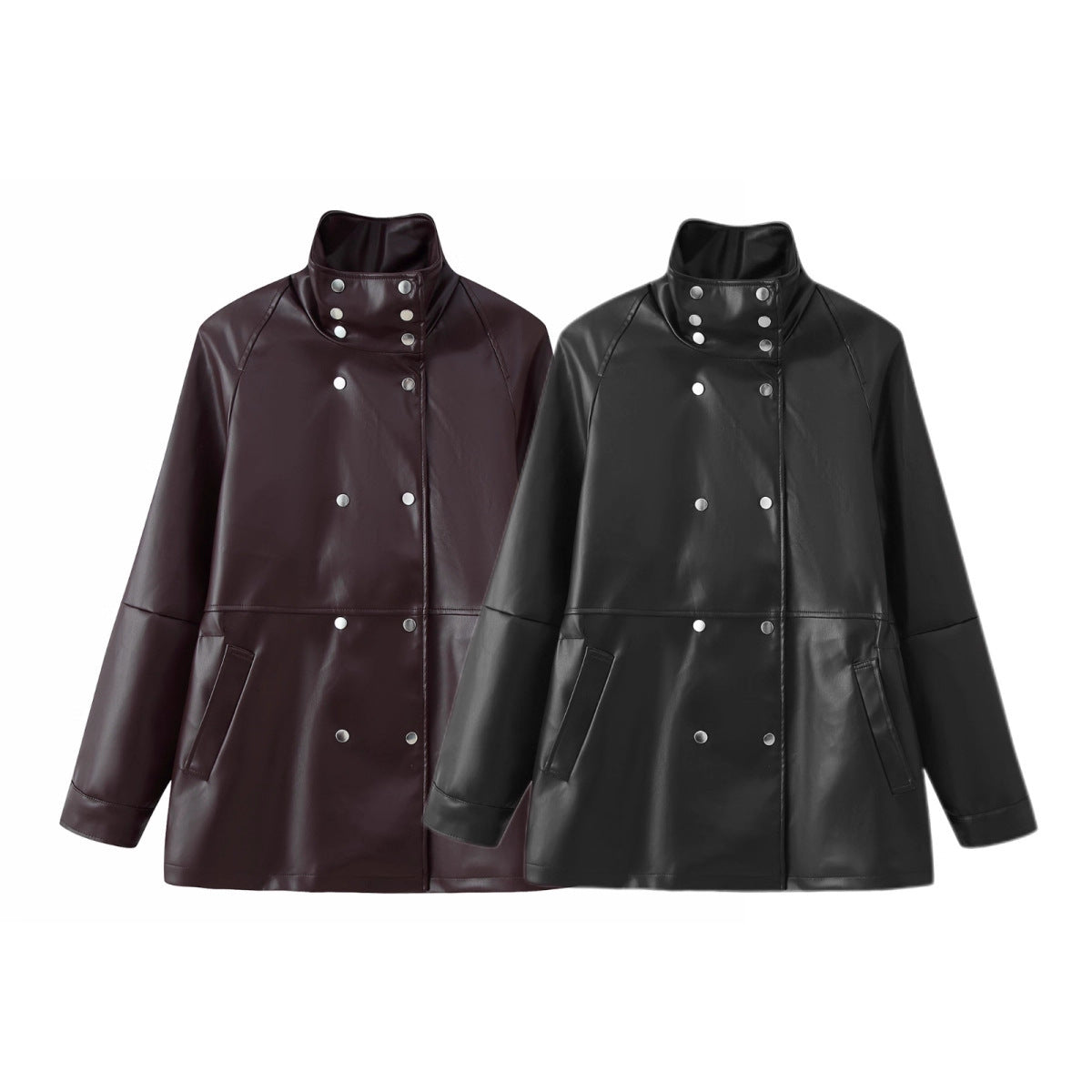 Women's Mid-Length Faux Leather Coat with High Stand-Up Collar and Double-Breasted Snap Buttons Fashion Glam