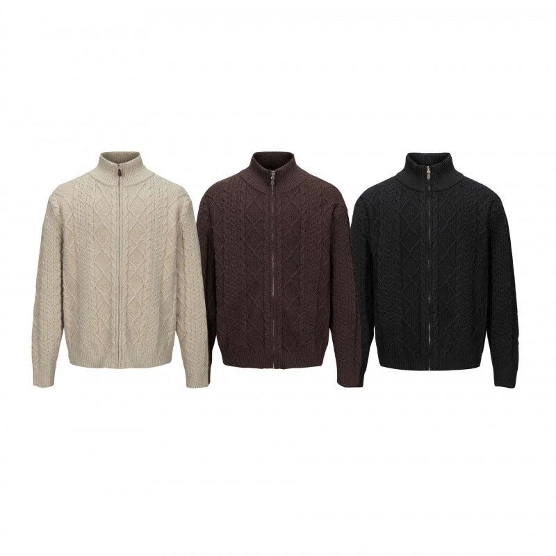 Men's Cable Knit Cardigan with Full Zip and High Ribbed Collar Fashion Glam