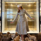 Women's two-piece wool blend suit with fitted short blazer and A-line midi skirt Fashion Glam