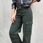 Women's High-Waisted Cargo Palazzo Pants with Seam Segments and Side Flap Pocket Fashion Glam