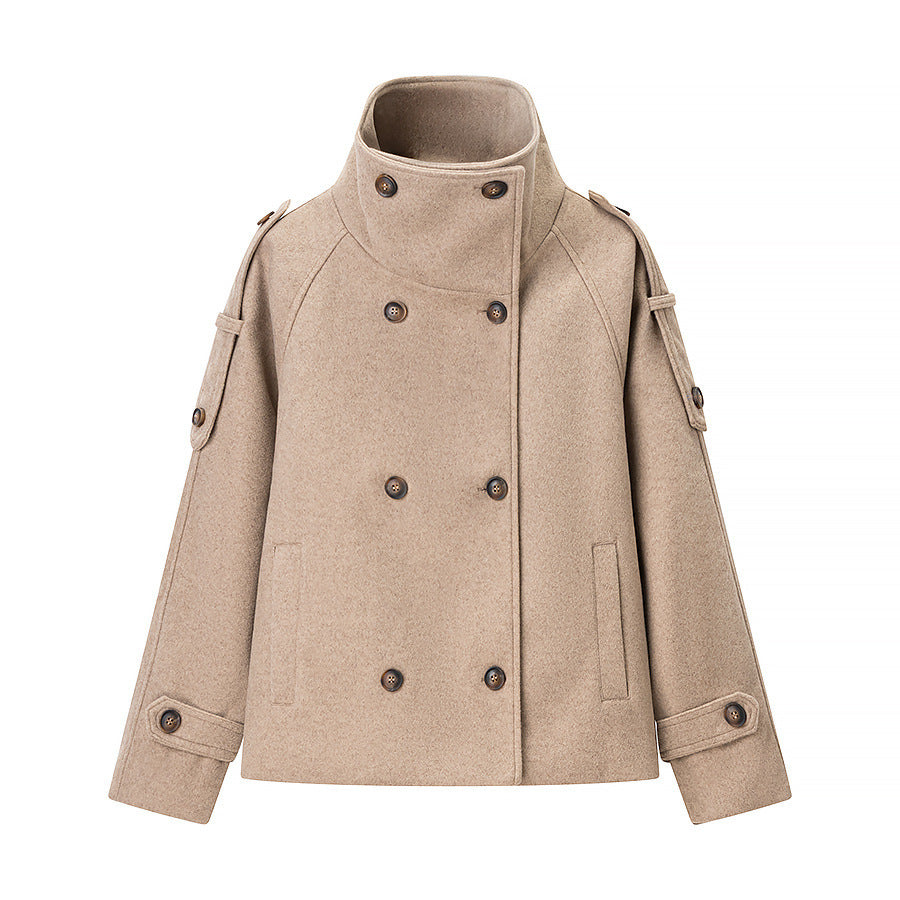 Women's Short Double-Breasted Wool Peacoat with Stand-Up Collar Fashion Glam