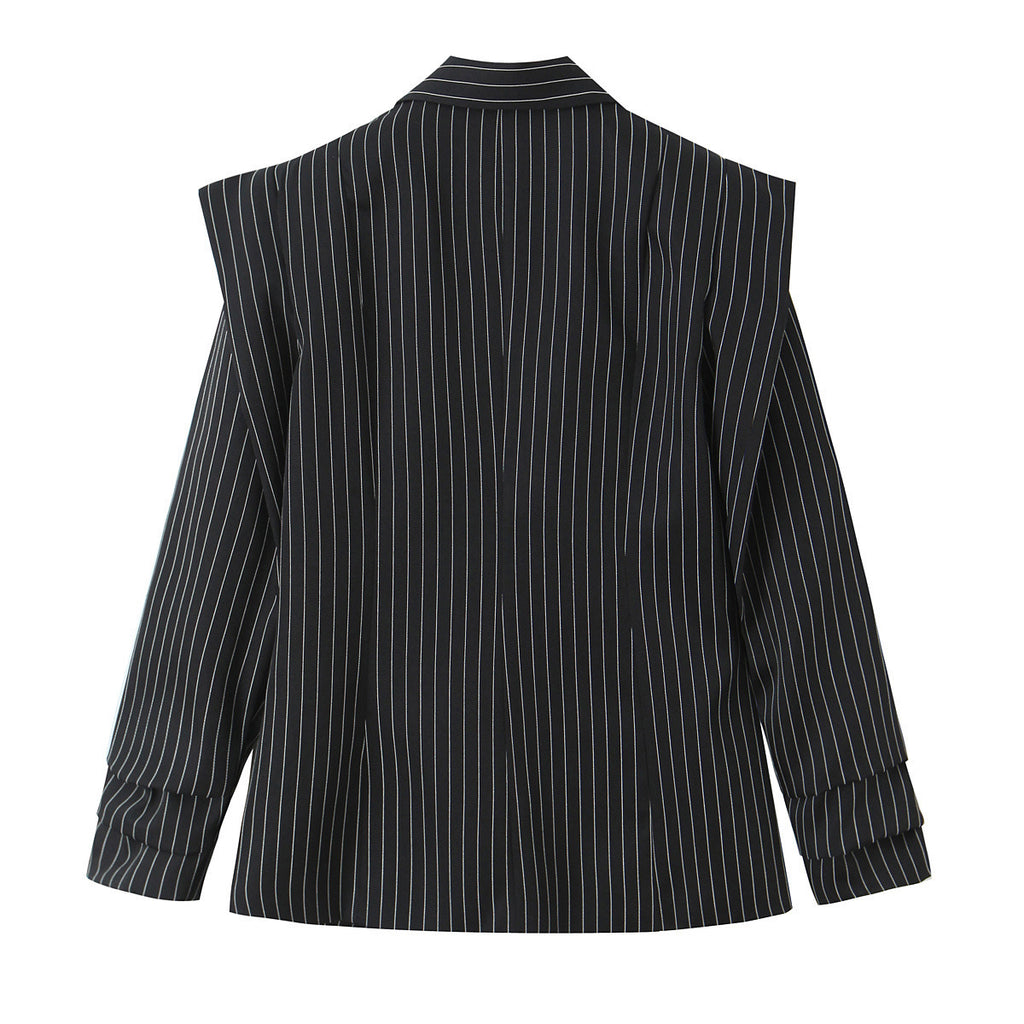 Women Double-breasted Oversized Blazer with Pinstripes and Distinctive Shoulder Pads Fashion Glam