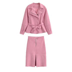 Women's short jacket with belted waist, asymmetrical lapel, and peplum hem Fashion Glam