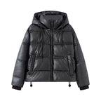 Women's Short Quilted Faux Leather Puffer Jacket with Hood, Drawstring and Side Pockets Fashion Glam