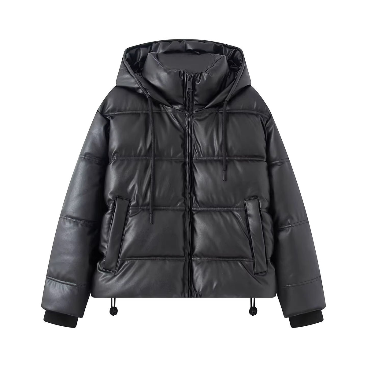 Women's Short Quilted Faux Leather Puffer Jacket with Hood, Drawstring and Side Pockets Fashion Glam
