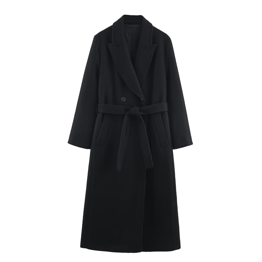 Women Long Tailored Wool Blend Coat with Tie Belt and Lapel Collar Fashion Glam