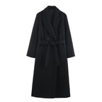 Women Long Tailored Wool Blend Coat with Tie Belt and Lapel Collar Fashion Glam