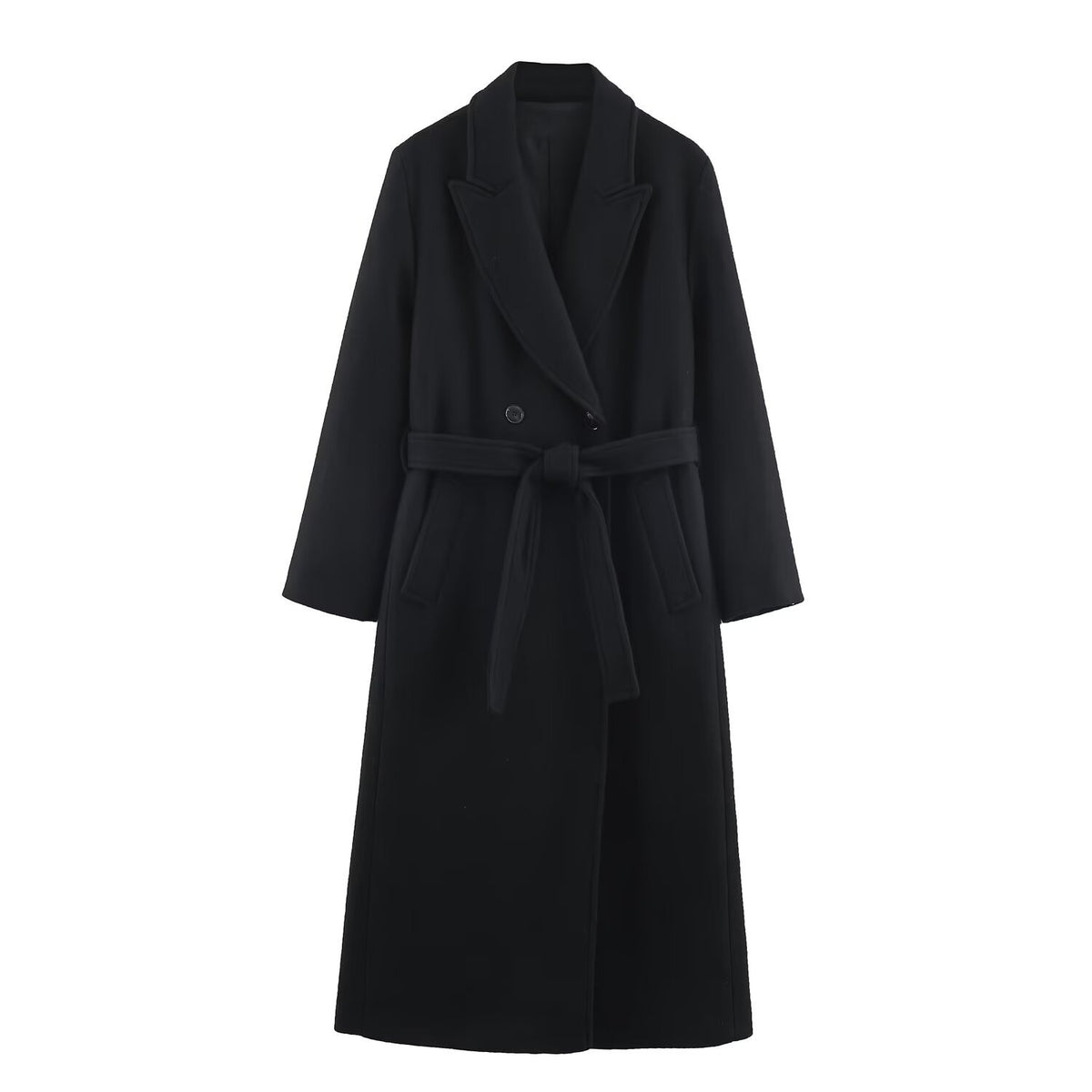Women Long Tailored Wool Blend Coat with Tie Belt and Lapel Collar Fashion Glam