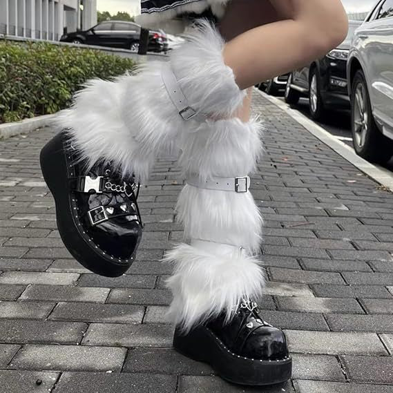 Women's Long Faux Fur Leg Warmers with Adjustable Buckles and Platform Cuffs Fashion Glam