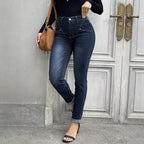 Women High-Waisted Slim-Fit Denim Jeans with Contoured Hip Seam Fashion Glam