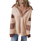 Women’s oversized sweatshirt with deep V-neck, striped inner collar and contrast sleeves Fashion Glam
