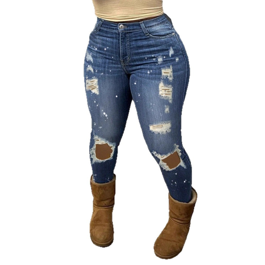 Women High-waisted ripped Skinny Jeans with Sculpting effect and color splashes Fashion Glam