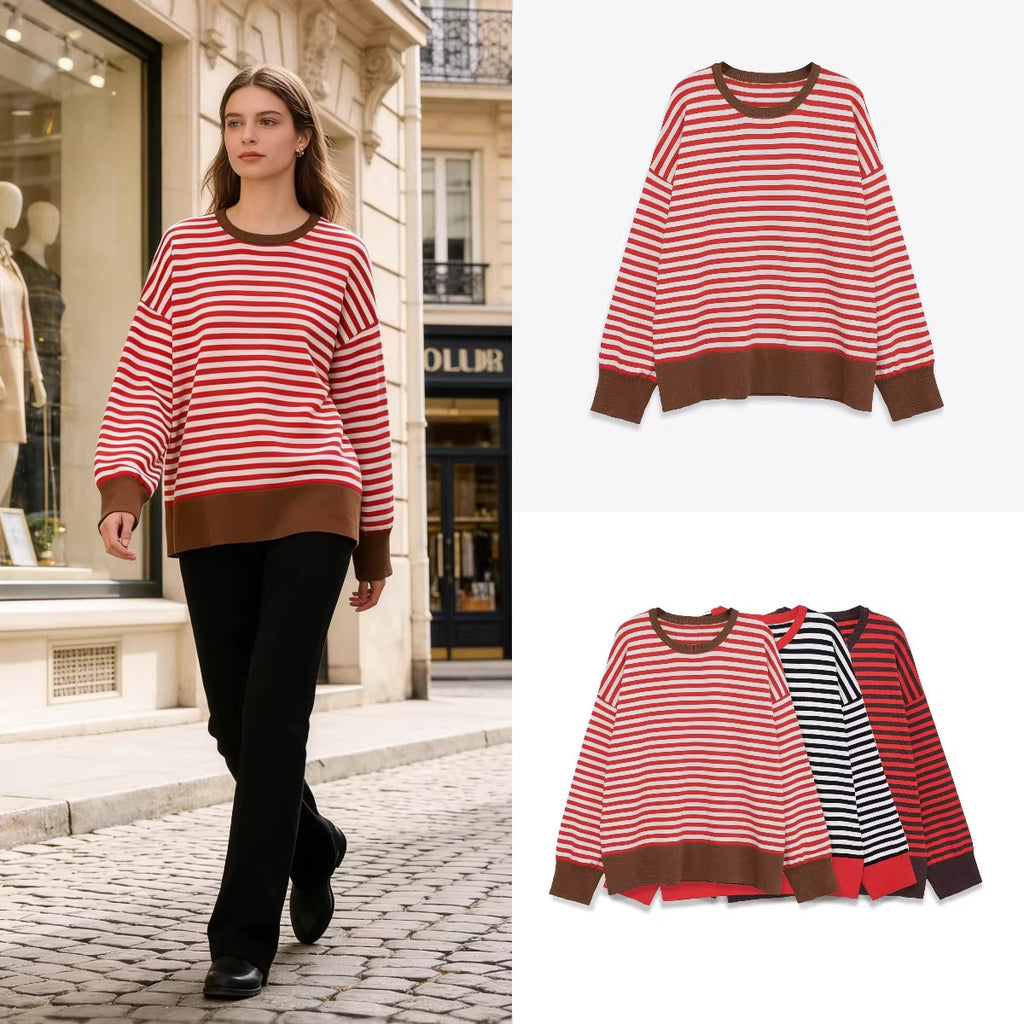 Women's Striped Oversized Sweater with Contrast Cuffs Fashion Glam