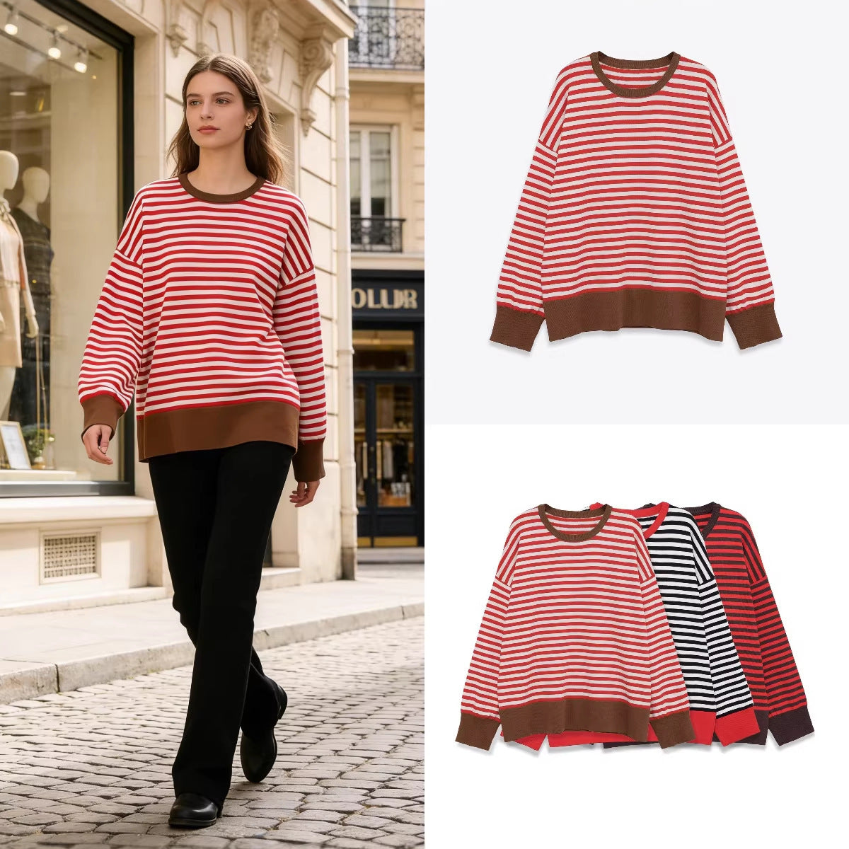 Women's Striped Oversized Sweater with Contrast Cuffs Fashion Glam